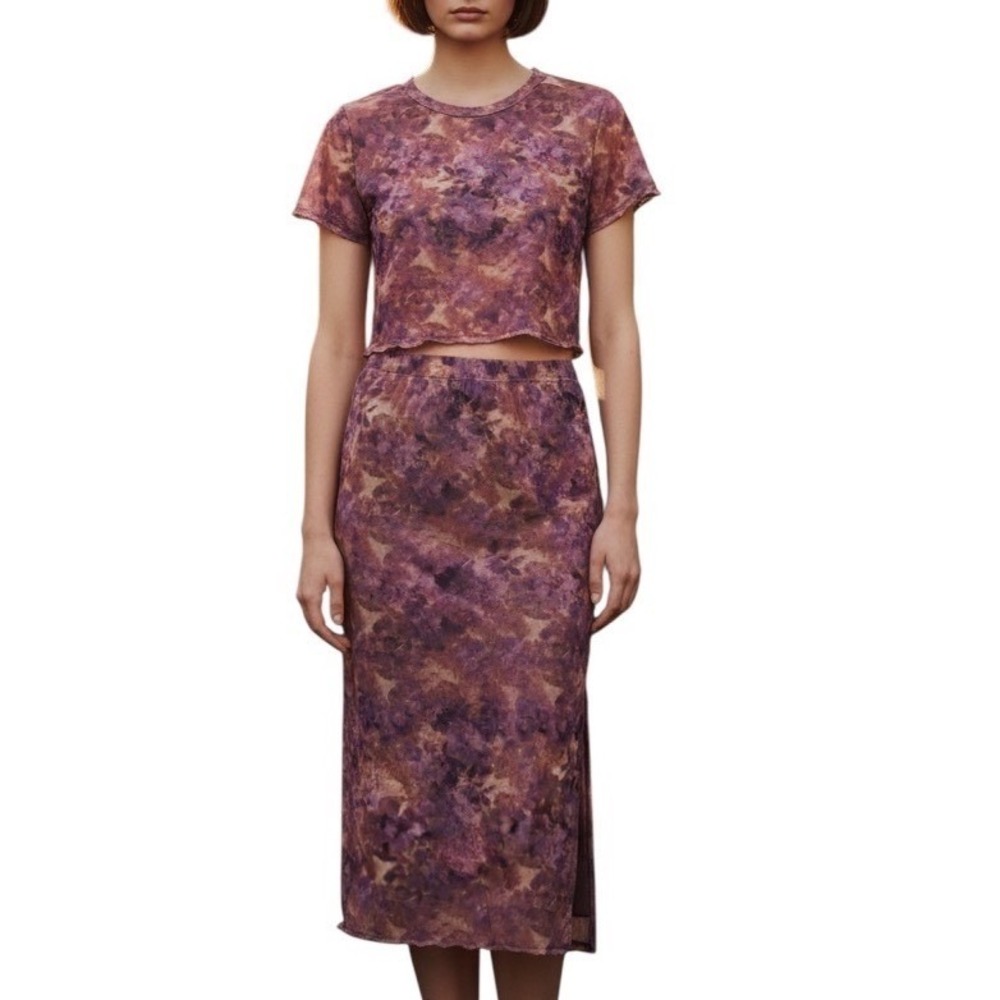 Floral Mesh 2 Piece Set Y2K Fairy Grunge Cottagecore Sheer Crop Top Midi Skirt M